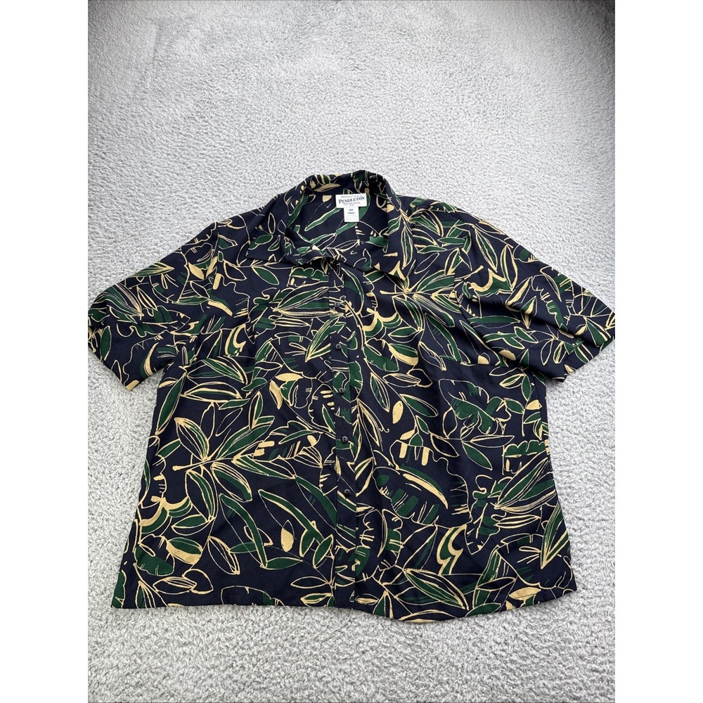 Pendleton Floral Blouse Womens 18W Button Up Top Black Green Short Sleeve